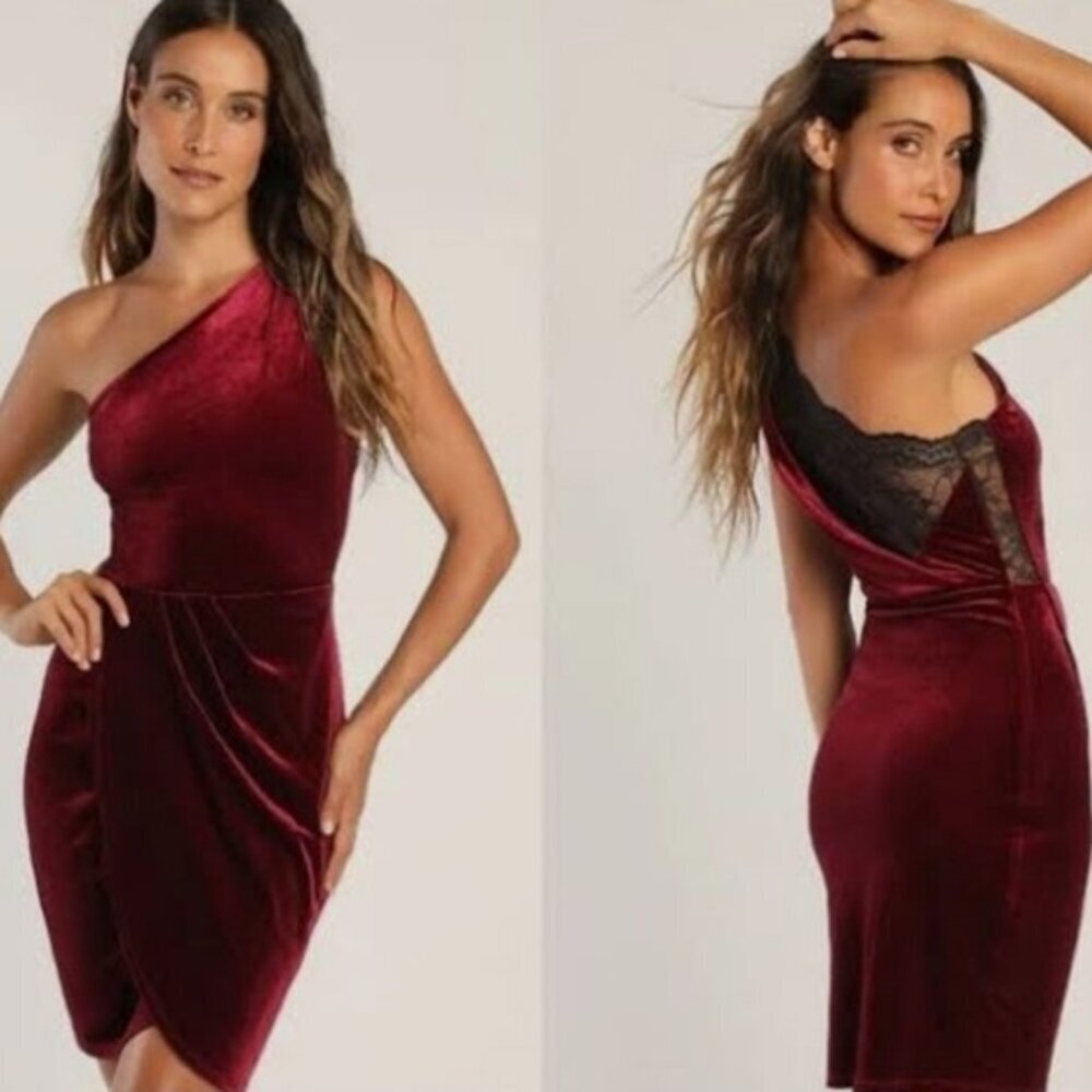 Lulu's Women Size XL Luxe Wine Red Lace One Shoulder Velvet Mini Zip Dress Party